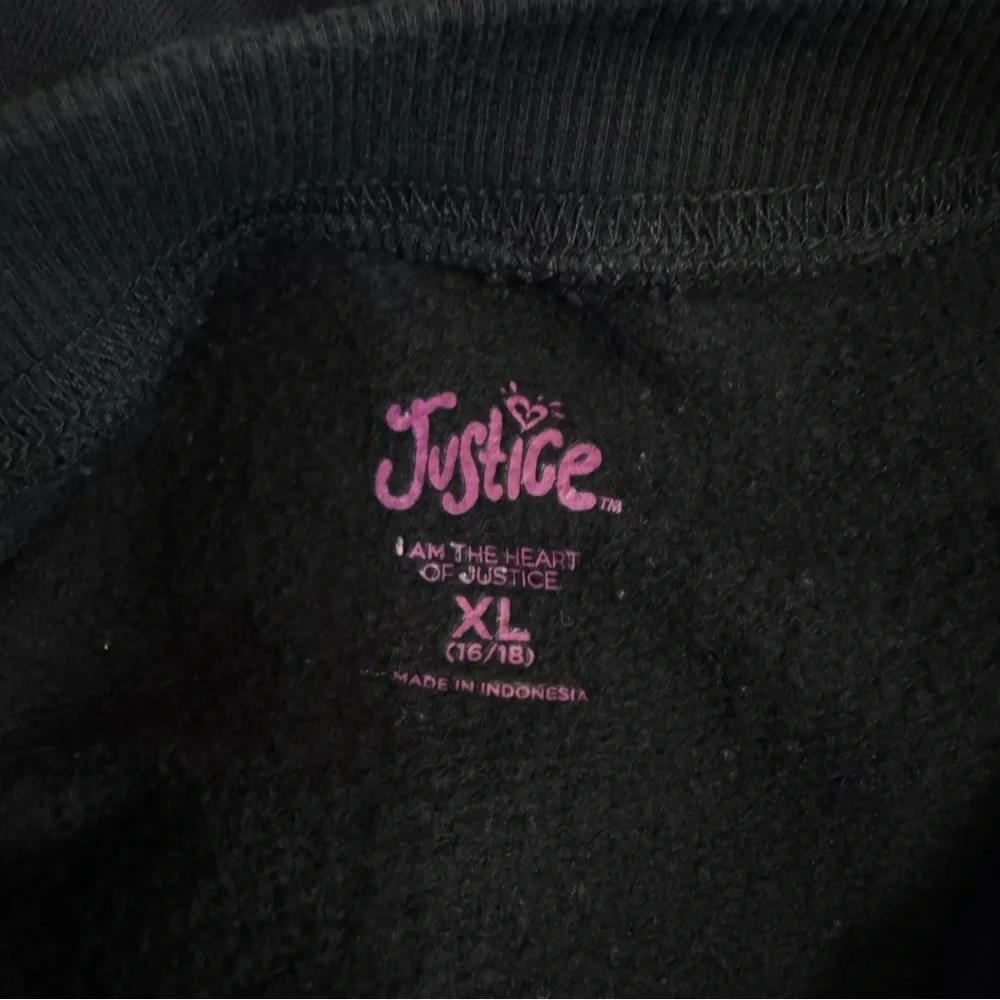Justice Girls Glitter Gel Logo Black Oversized Raw Hem Boxy Cropped Sweatshirt